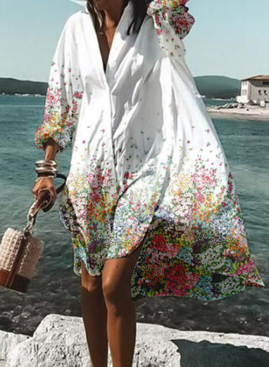 Damen Oversize Hemdblusenkleid Weiß – Lässiger Strand-Kimono mit Knopfleiste
