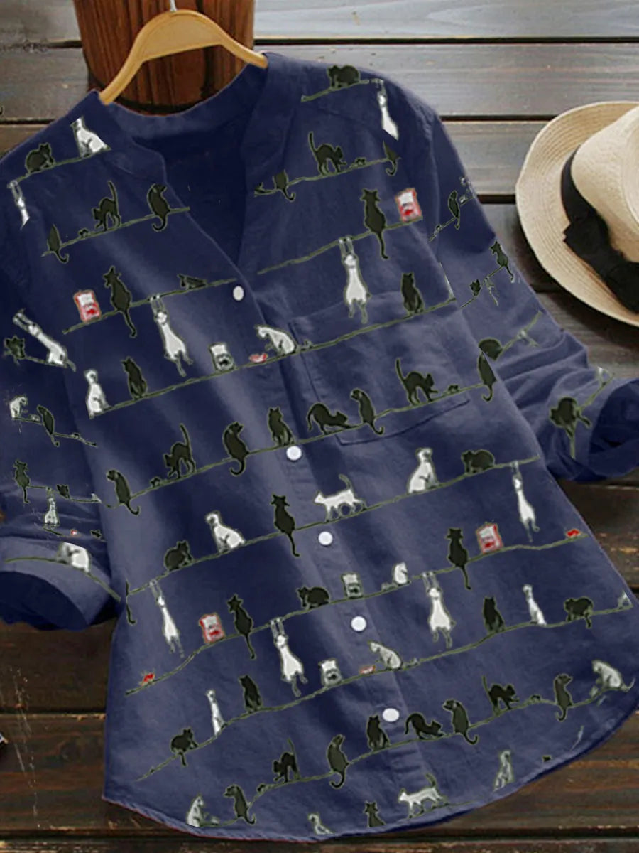 Cathy - Langarmbluse mit Katzenmuster