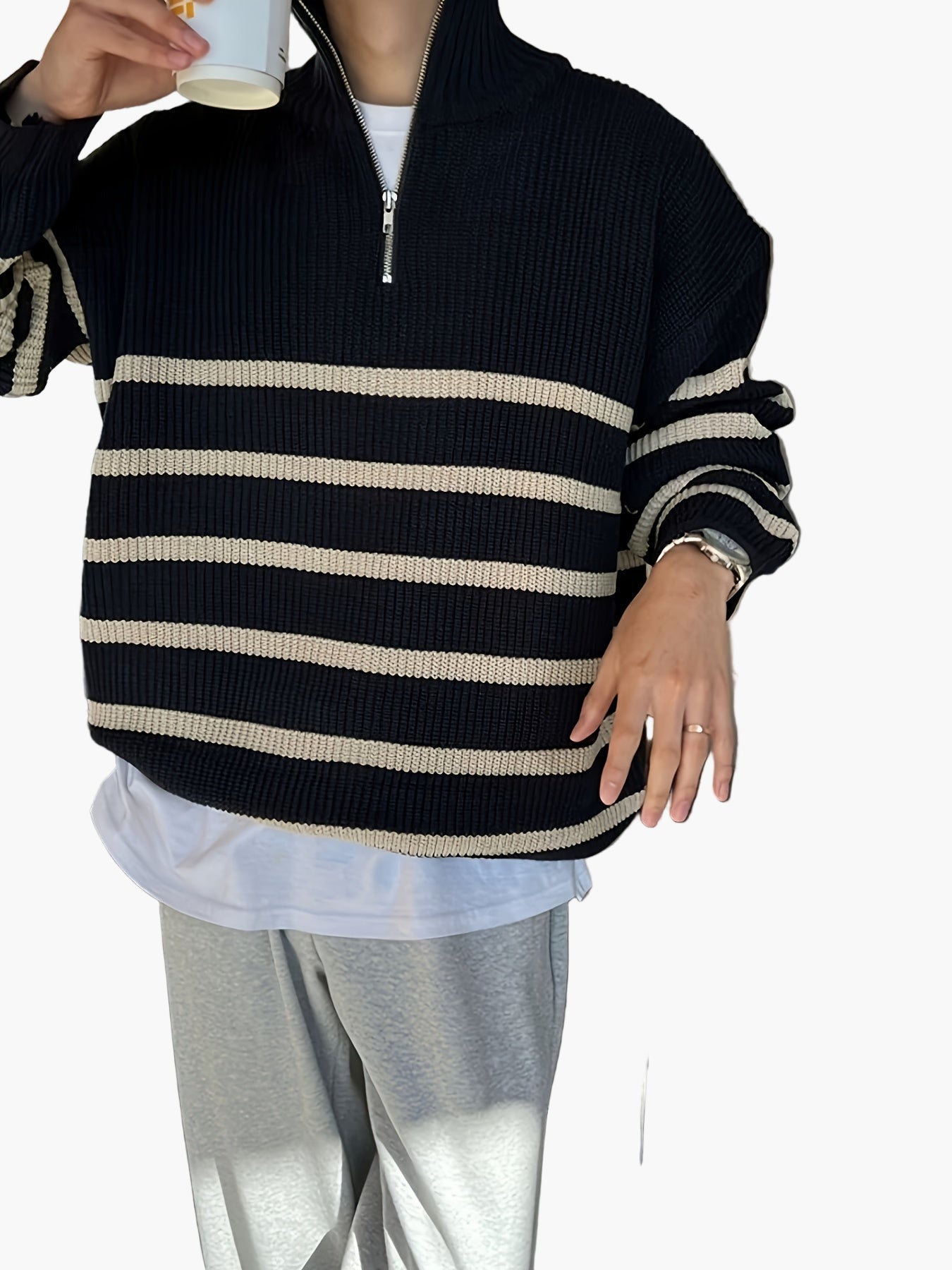 Herren Strickpullover mit Viertelreißverschluss und Streifen – Lässiger Herbst/Winter Style