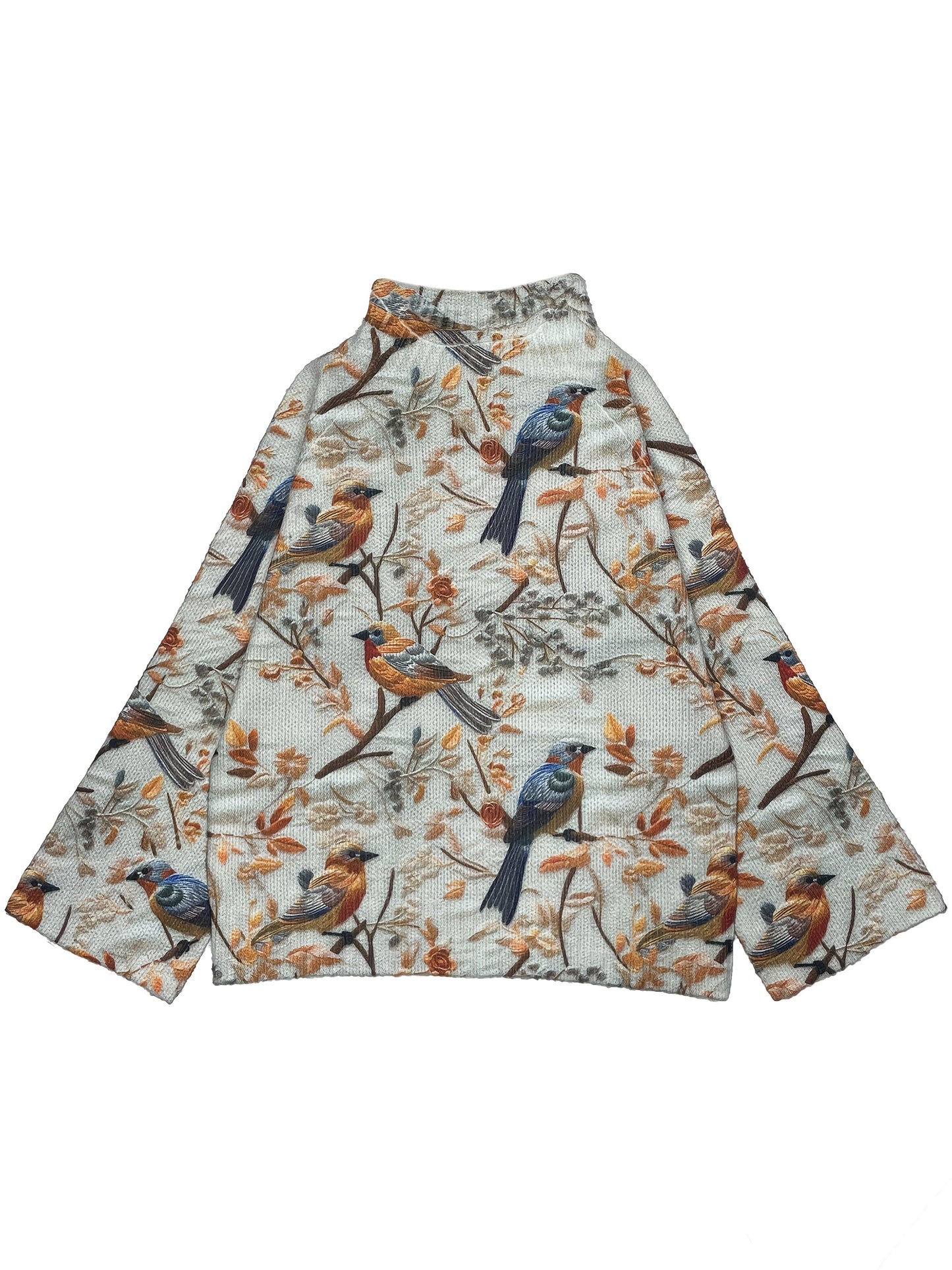 Damen Strickpullover mit Vogelmuster und hohem Kragen – Eleganter Herbst-Winter-Look