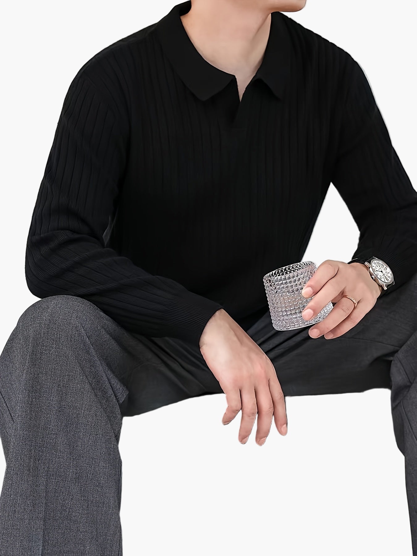 Herren Rippstrick Langarm Poloshirt – Modischer Freizeit-Look für Herbst und Winter