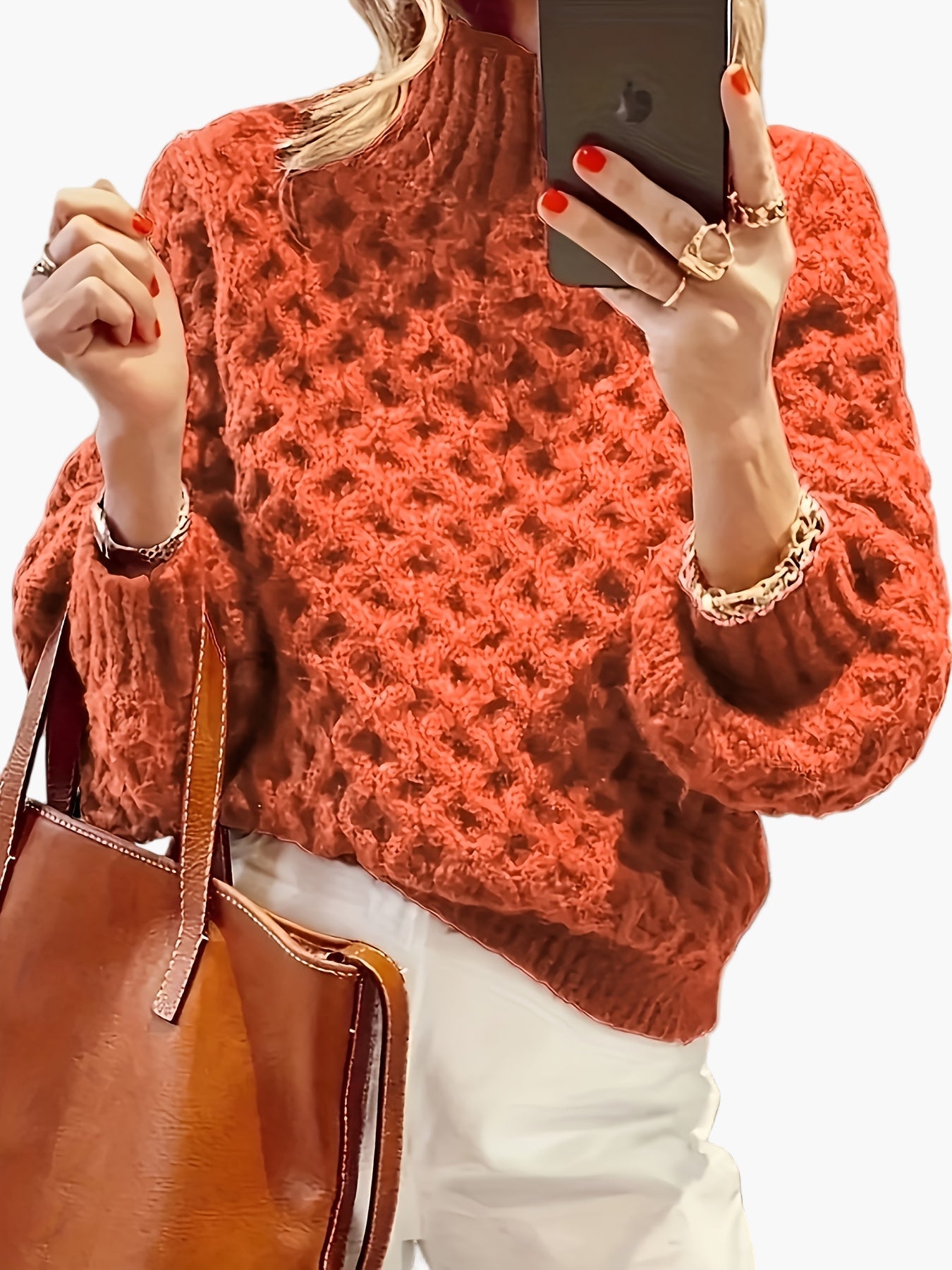 Damen Pullover im Strickdesign – Modischer Herbst/Winter Freizeitpulli mit Strukturmuster und Stehkragen