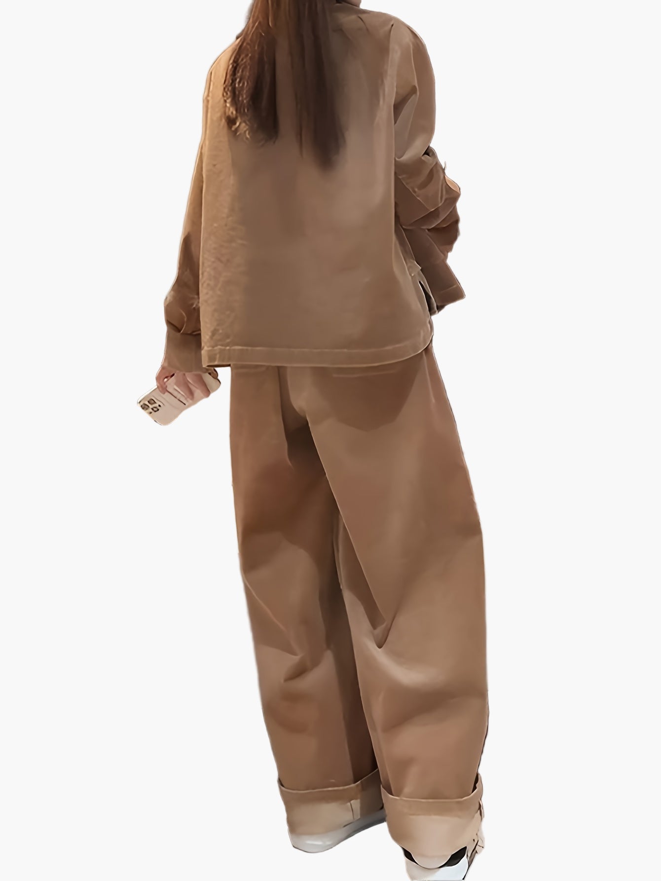 Survêtement élégant femme à jambes larges pour automne/hiver – Ensemble deux-pièces streetstyle ample