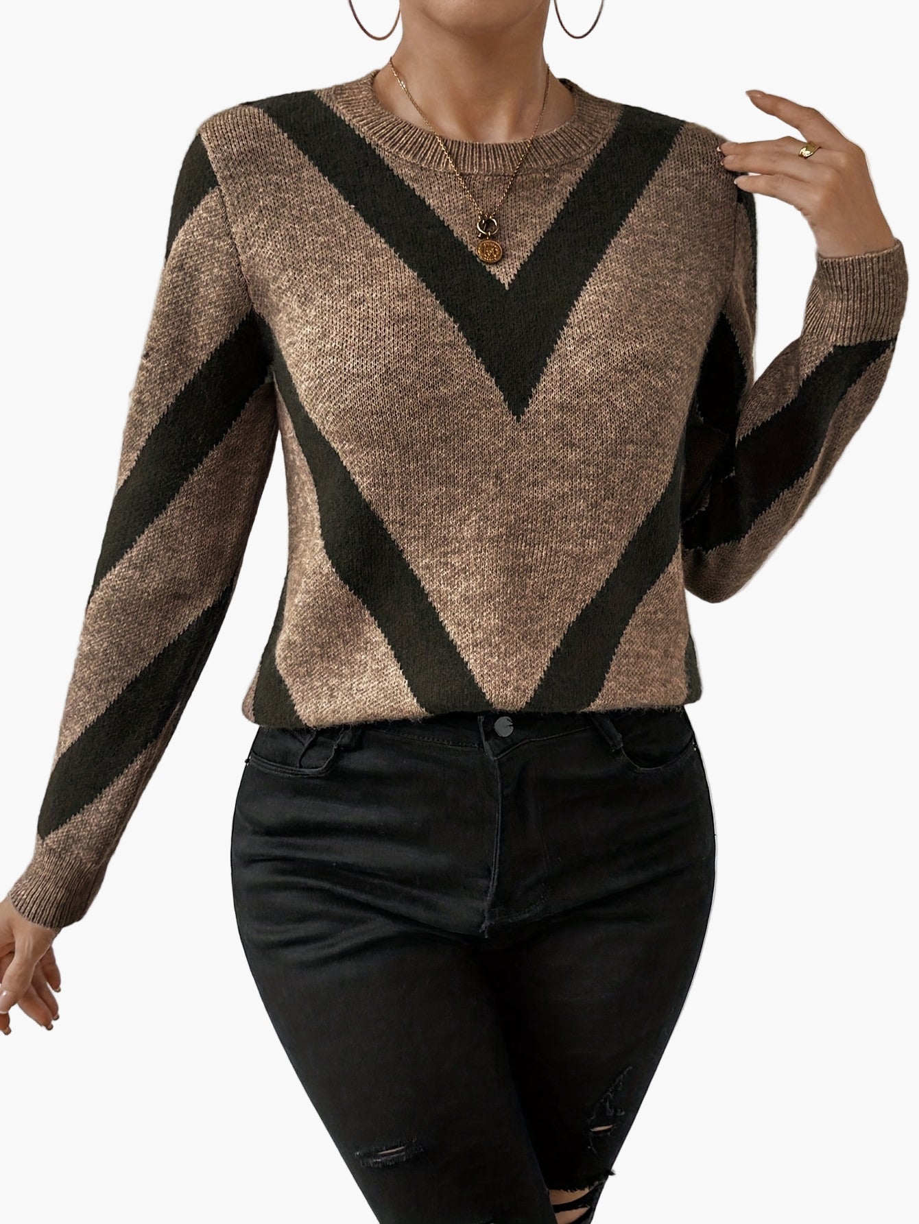 Damen Pullover mit geometrischem Muster, eleganter Strick, Herbst/Winter, Alltagsmode