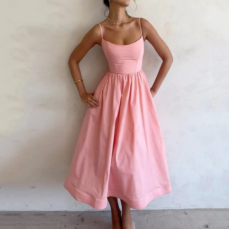Damen Sommer Midikleid in Rosa – Ärmellos mit Spaghettiträgern und Tailliertem Oberteil