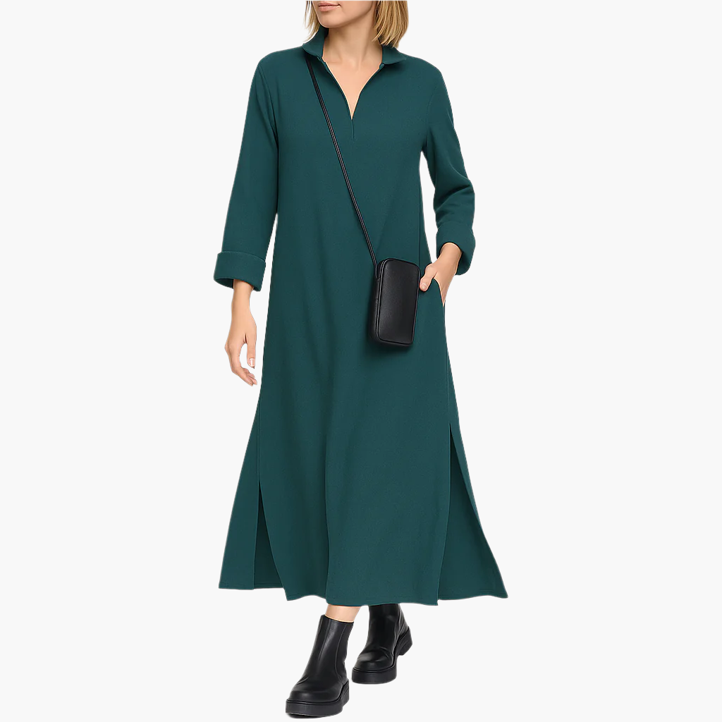 Damen Maxikleid mit Stehkragen – Lockeres Freizeitkleid für Alltag & Büro