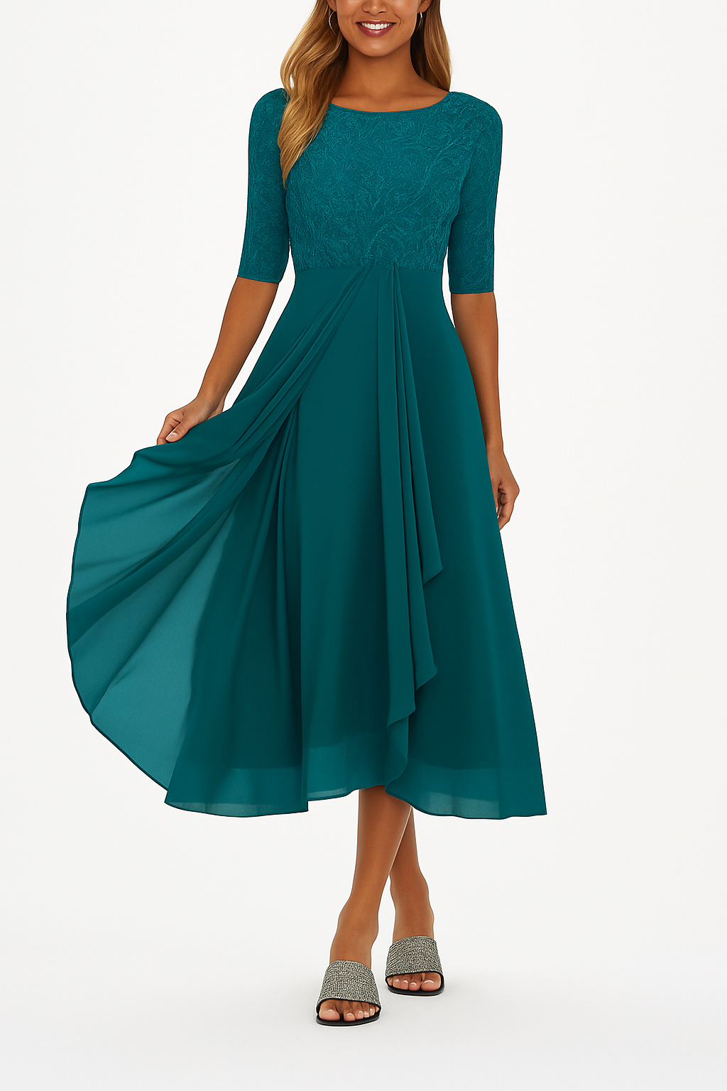 Elegantes Damenkleid mit Spitze und Chiffon – Halbarm, Knielang, A-Linie, Festlich