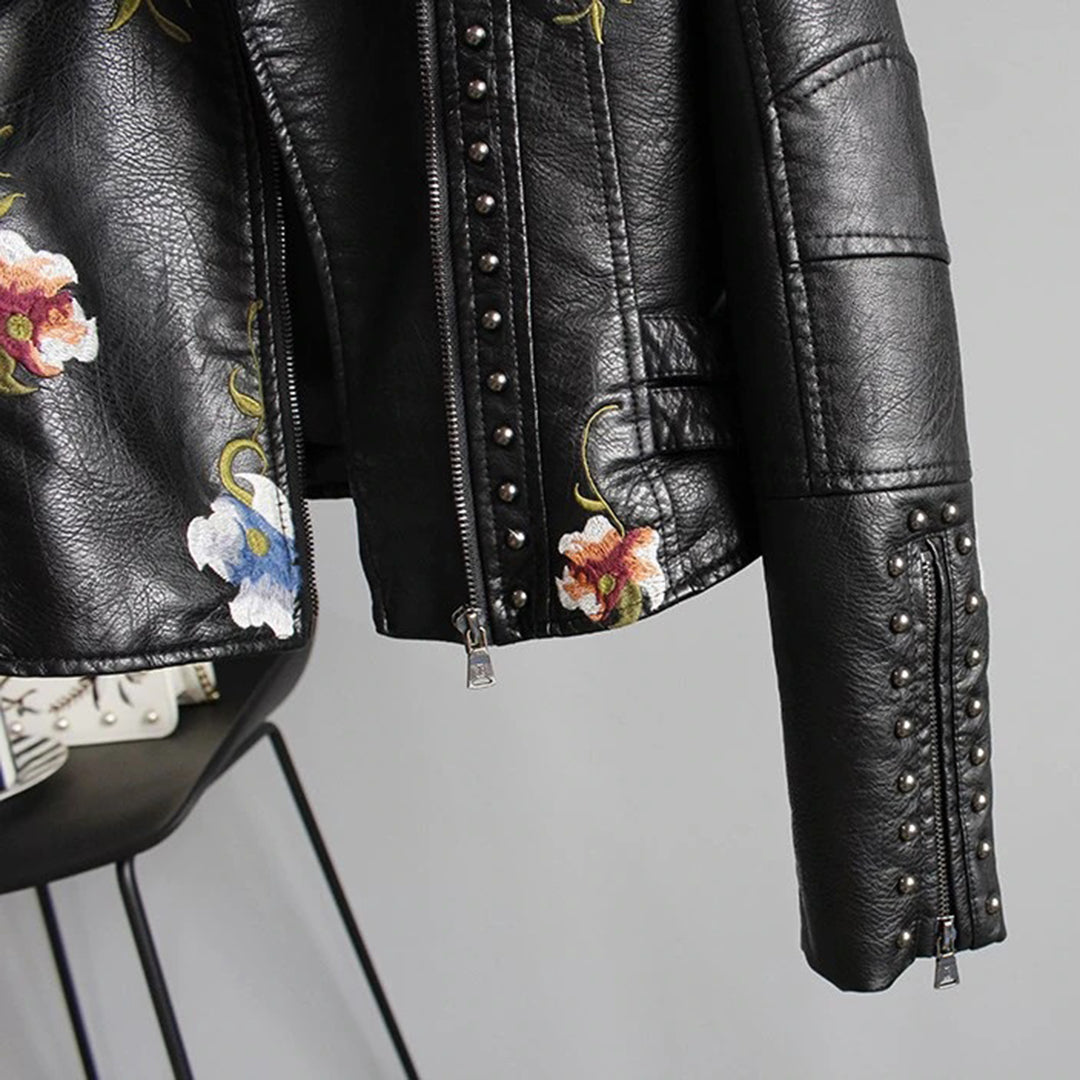 Damen Bikerjacke mit floraler Stickerei – Modische Übergangsjacke für Alltag und Freizeit