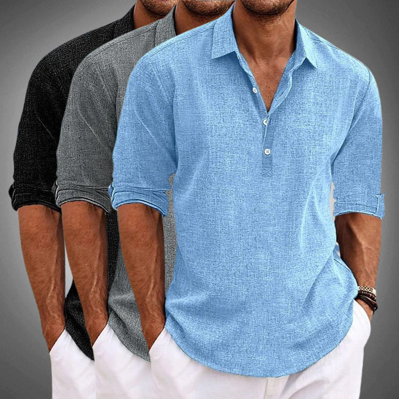 Chemise décontractée pour hommes avec col montant et patte de boutonnage – Chemise manches longues stylée pour quotidien et vacances