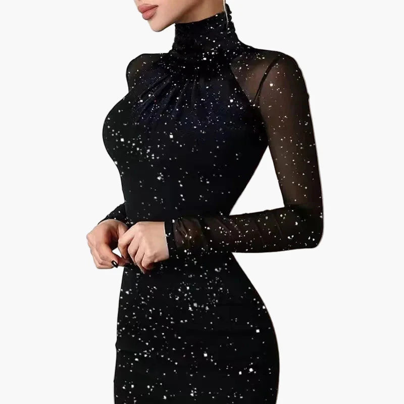 Miniabito bodycon elegante da donna con punti glitterati – Abito da sera e festa con collo alto e maniche in mesh