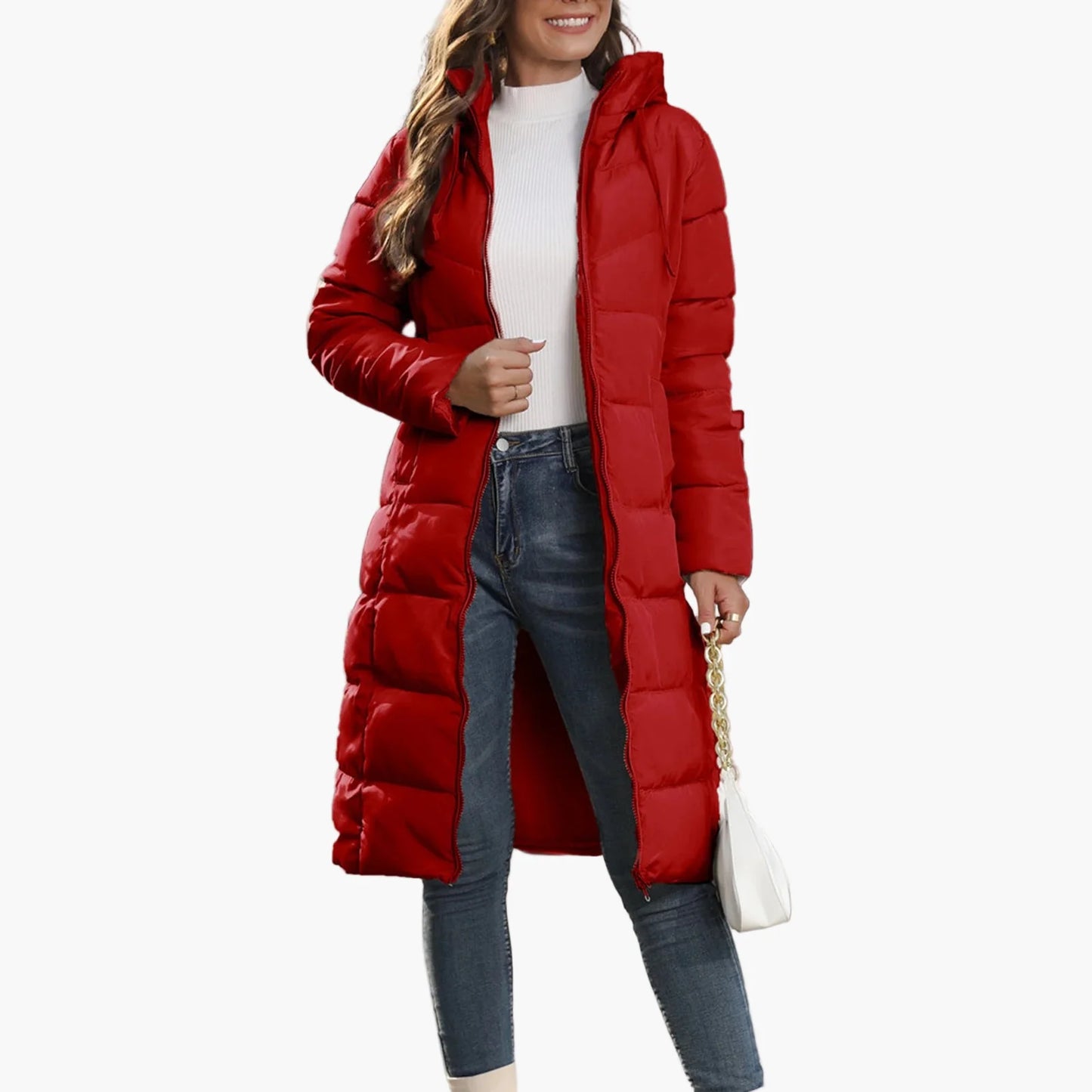 Cappotto imbottito lungo da donna con cappuccio – Cappotto casual streetwear alla moda