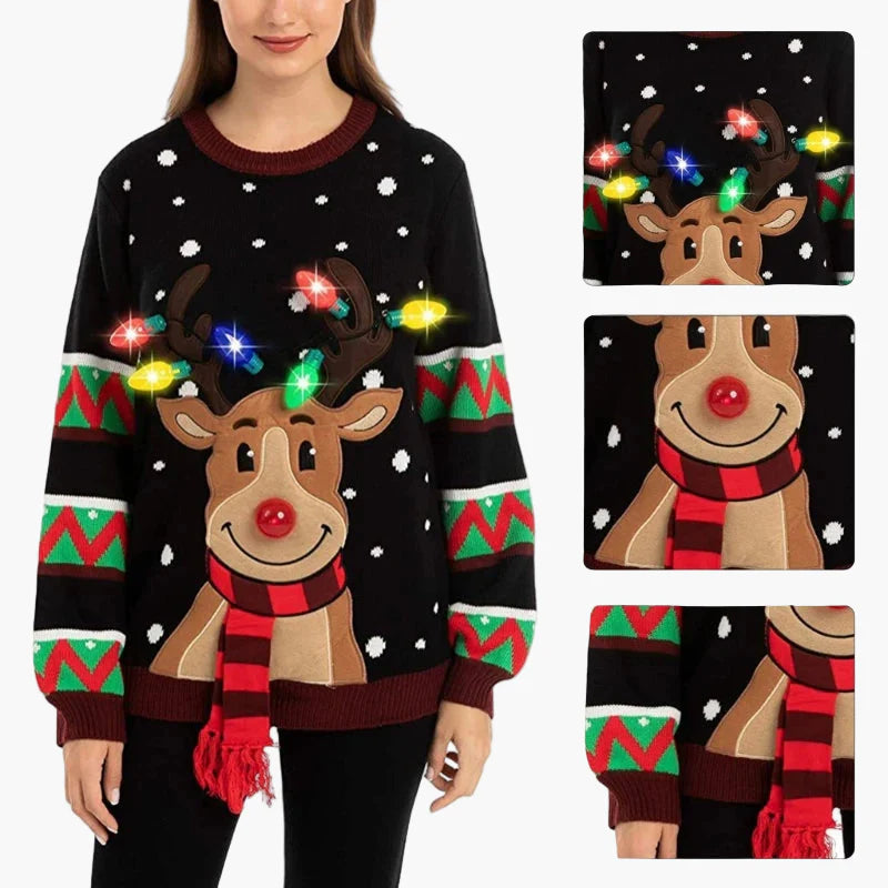 Damen Weihnachts-Pullover mit LED-Lichtern und Rentier-Motiv – Ideal für Weihnachtsfeiern und festliche Anlässe