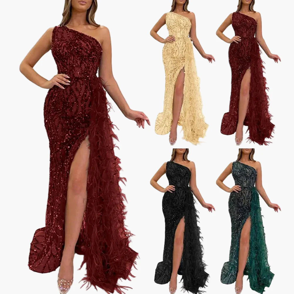 Abito da sera asimmetrico da donna con paillettes e piume – Elegante abito lungo monospalla per festa e gala