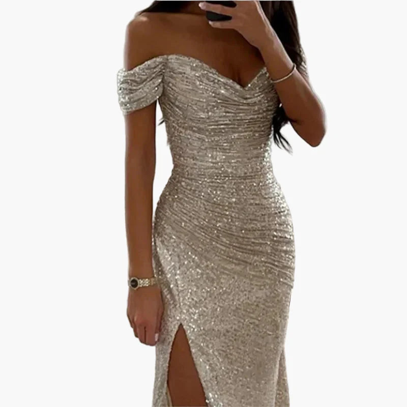 Damska sukienka wieczorowa elegancka z odkrytymi ramionami i rozcięciem – idealna na uroczystości i imprezy