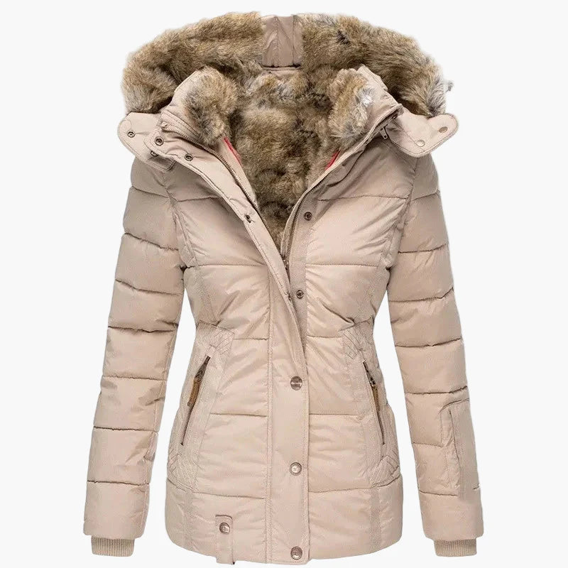 Damen Winterjacke mit Kapuze und Kunstfellbesatz – Elegante, taillierte Outdoorjacke für kalte Tage