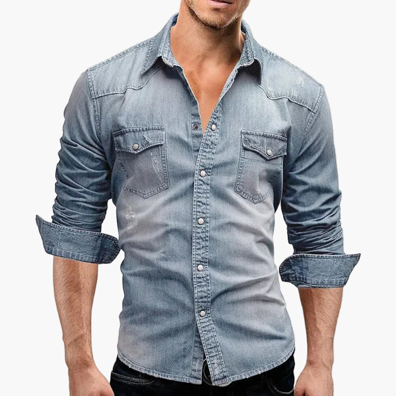 Heren denim vrijetijdshemd slim fit – Modieus spijkershirt met borstzakken en knopenlijst