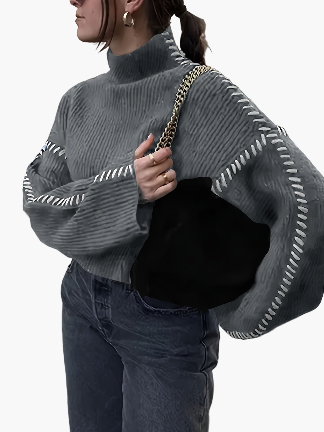 Damen Oversize-Strickpullover mit Ziernähten und Stehkragen – Modischer Herbst/Winter Sweater