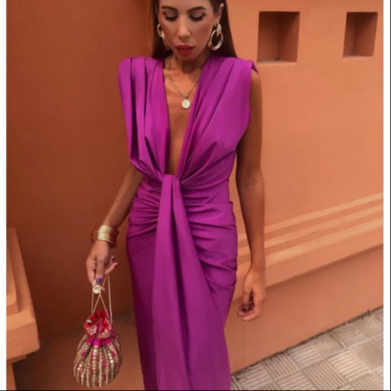 Robe de soirée élégante pour femmes avec décolleté en V profond et drapé – Parfaite pour occasions spéciales