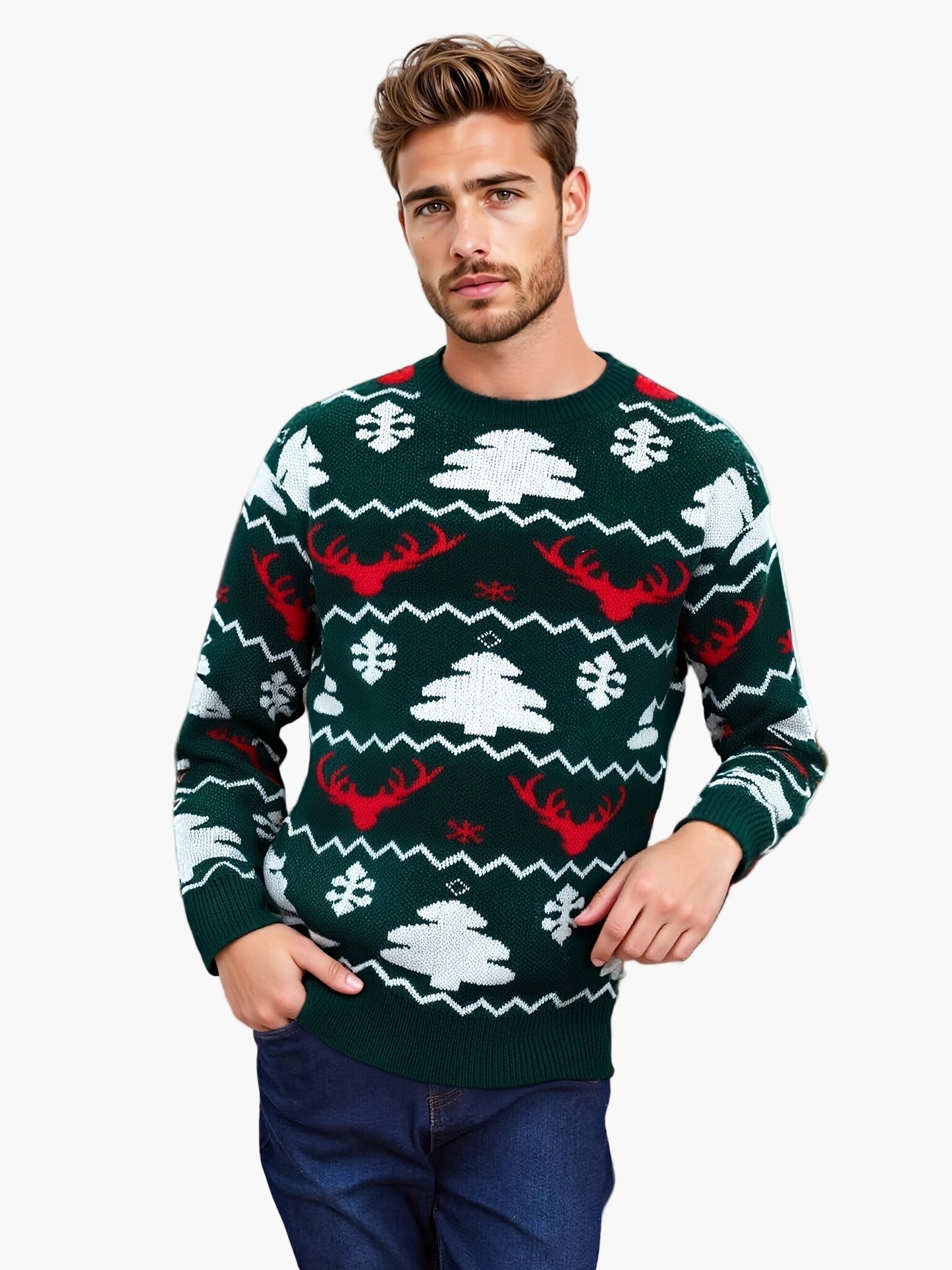 Herren Weihnachts-Pullover mit Rentier- und Tannenbaum-Muster, ideal für festliche Partys und Winter