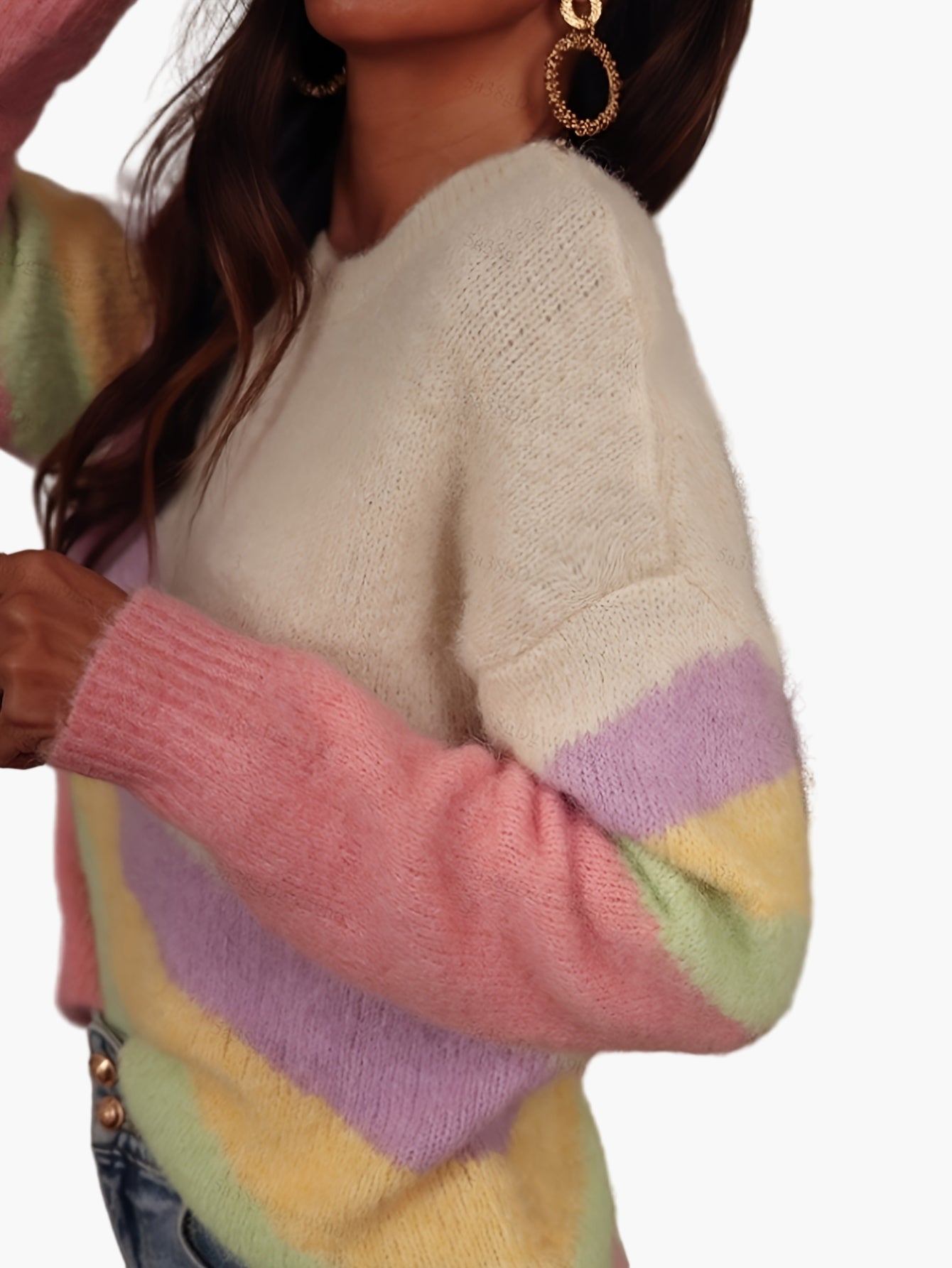 Damen Strickpullover im Y2K-Stil mit Regenbogenstreifen – Modischer Freizeitpullover