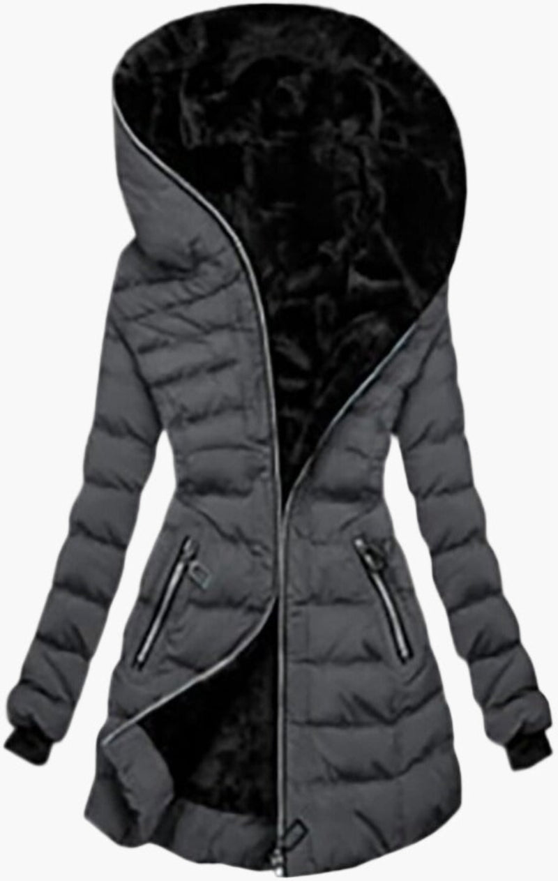 Damen Winter Steppjacke mit Kapuze und Asymmetrischem Reißverschluss – Modische Outdoorjacke für kalte Tage