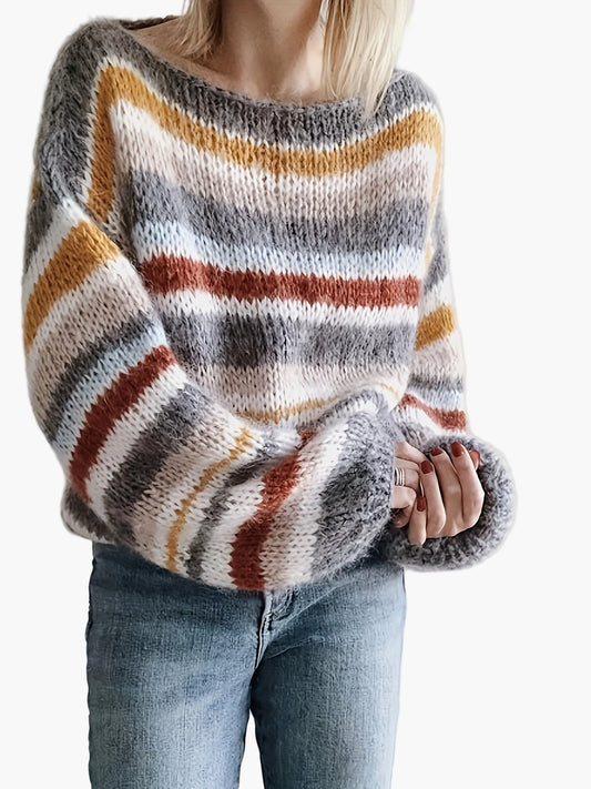 Damen Strickpullover im Oversize-Look mit Streifen – Lässiger Herbst/Winter Freizeitpullover