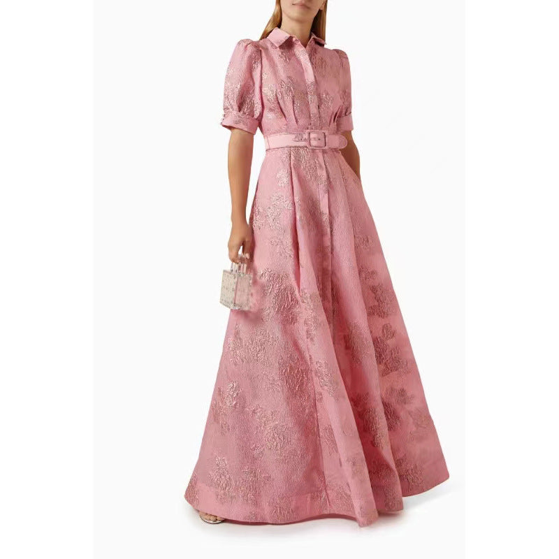 Robe longue femme élégante coupe A pour occasions spéciales – Mode de soirée chic avec ceinture et manches courtes