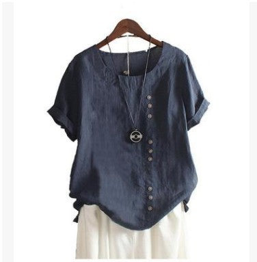 Damen Baumwoll Kurzarm T-Shirt mit Asymmetrischer Knopfleiste, Lockerer Vintage-Stil, Sommer Bluse