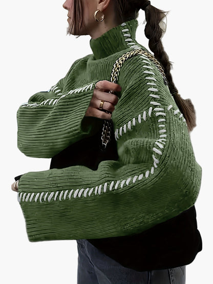 Damen Oversize-Strickpullover mit Ziernähten und Stehkragen – Modischer Herbst/Winter Sweater