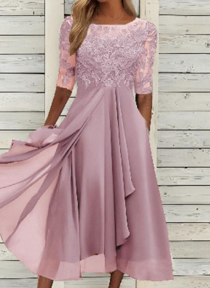 Elegantes Damen-Midikleid aus Chiffon mit Spitze und 3/4-Ärmeln – Abend- & Cocktailkleid