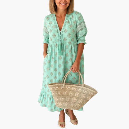 Dam Boho-midiklänning med tryck och 3/4-ärmar – Sommarstil, fritid & semester