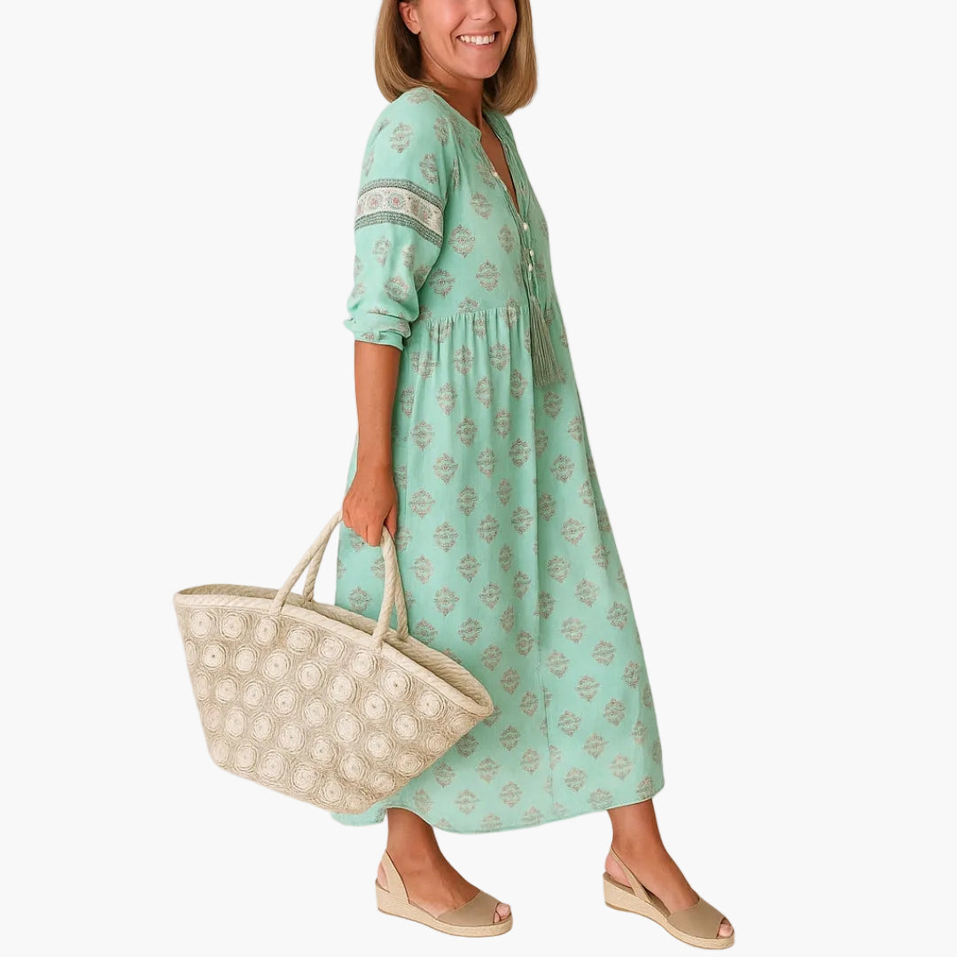 Dam Boho-midiklänning med tryck och 3/4-ärmar – Sommarstil, fritid & semester