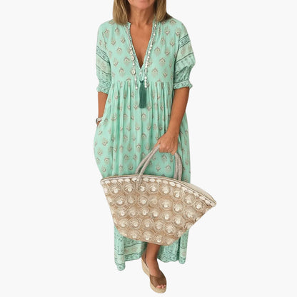 Dam Boho-midiklänning med tryck och 3/4-ärmar – Sommarstil, fritid & semester