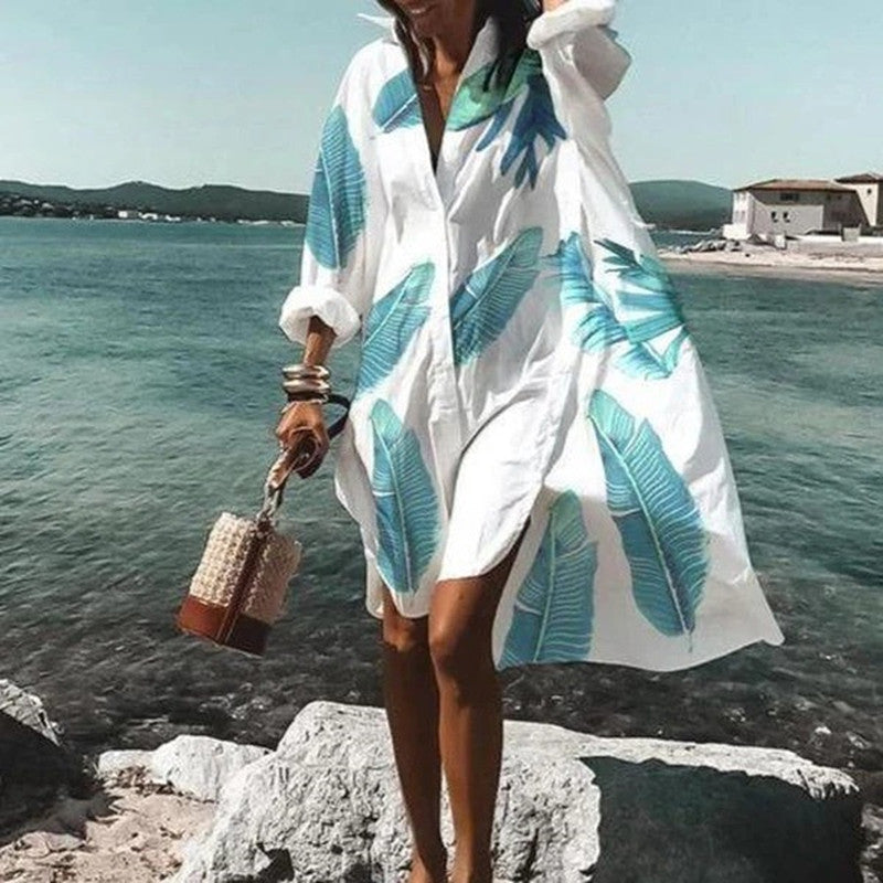 Damen Oversize Hemdblusenkleid Weiß – Lässiger Strand-Kimono mit Knopfleiste