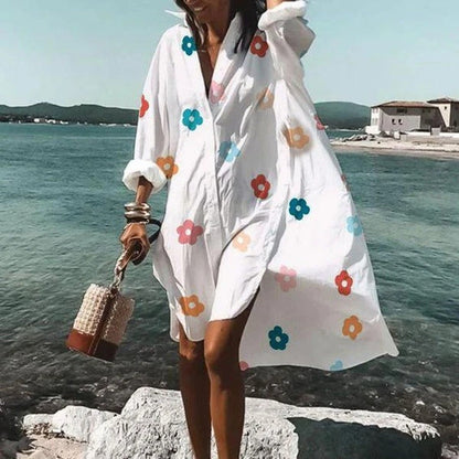 Damen Oversize Hemdblusenkleid Weiß – Lässiger Strand-Kimono mit Knopfleiste