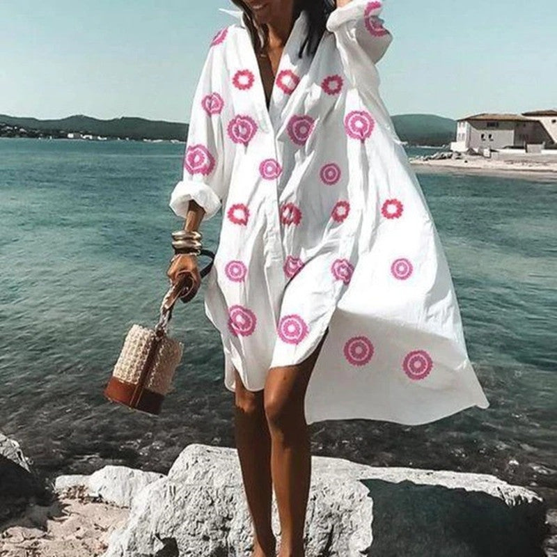 Damen Oversize Hemdblusenkleid Weiß – Lässiger Strand-Kimono mit Knopfleiste