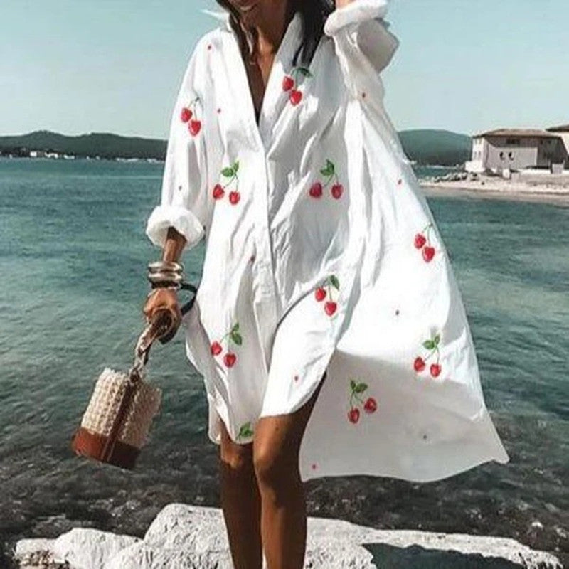 Damen Oversize Hemdblusenkleid Weiß – Lässiger Strand-Kimono mit Knopfleiste