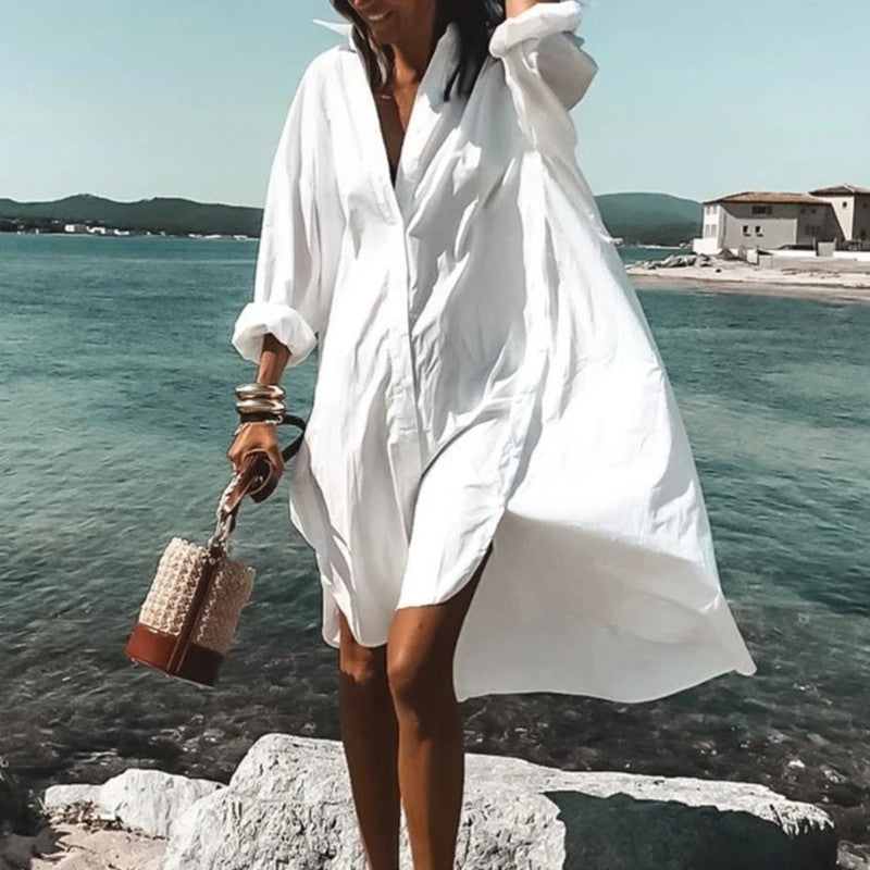 Damen Oversize Hemdblusenkleid Weiß – Lässiger Strand-Kimono mit Knopfleiste