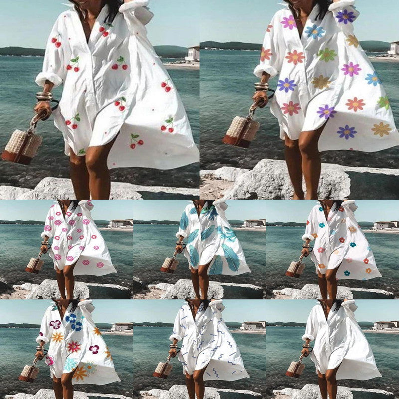 Damen Oversize Hemdblusenkleid Weiß – Lässiger Strand-Kimono mit Knopfleiste