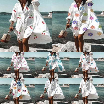 Damen Oversize Hemdblusenkleid Weiß – Lässiger Strand-Kimono mit Knopfleiste
