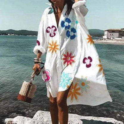 Damen Oversize Hemdblusenkleid Weiß – Lässiger Strand-Kimono mit Knopfleiste