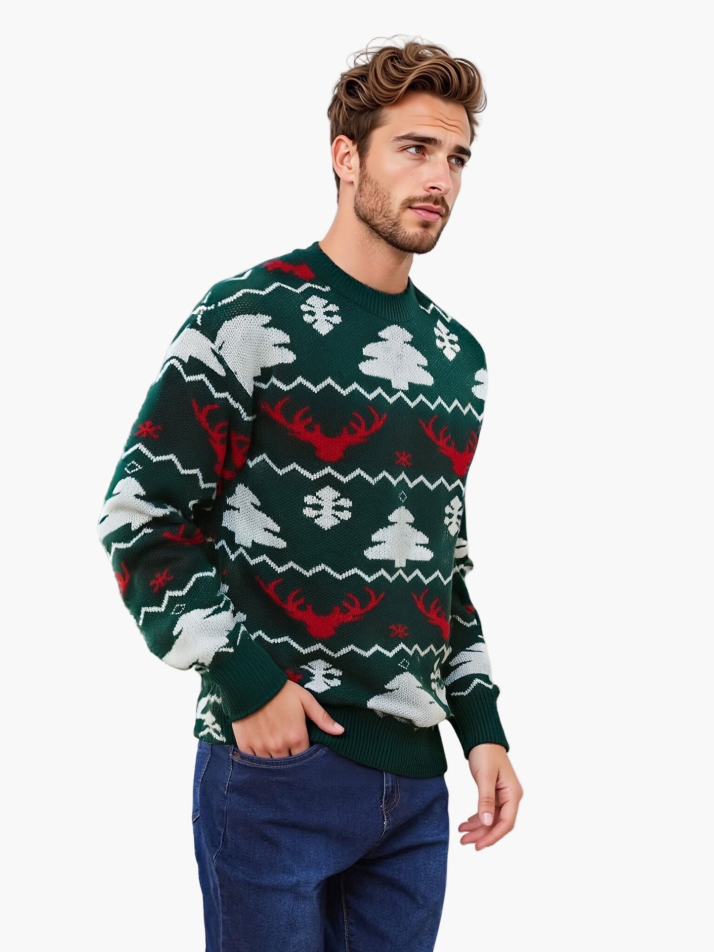 Herren Weihnachts-Pullover mit Rentier- und Tannenbaum-Muster, ideal für festliche Partys und Winter