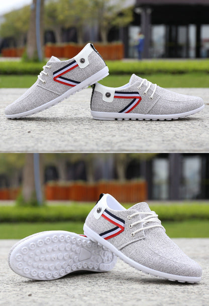 Herren Freizeit-Sneaker aus Strick – Weiße Schnürschuhe mit Tricolor-Streifen