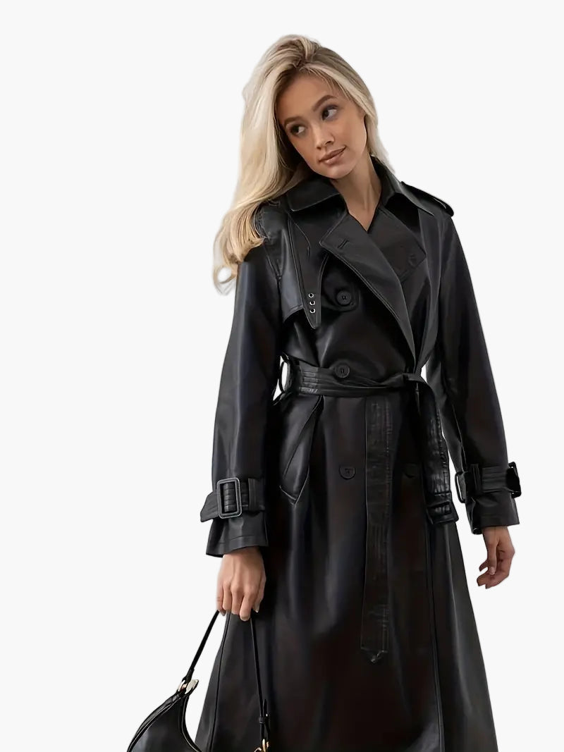 Damen Trenchcoat – Eleganter langer Mantel mit Gürtel und breitem Revers – Modischer Look für Alltag und Business