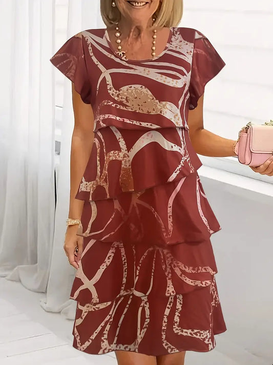 Damen Elegantes Patchwork-Kleid für Alltag und festliche Anlässe – Stilvolles Freizeitkleid mit Print und kurzen Ärmeln