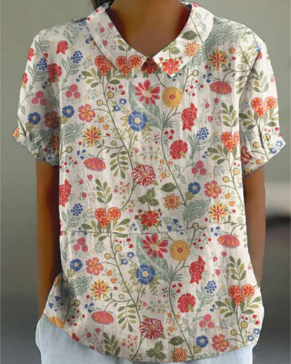 Damen Bluse mit Blumenmuster und Peter-Pan-Kragen – Kurzarm, Freizeit, Sommer
