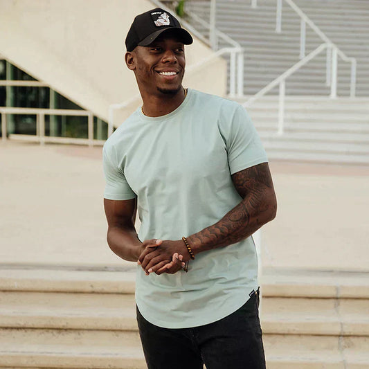 Sommer T-Shirt Herren – Drop Cut Basic Shirt mit Rundhals & längerem Schnitt