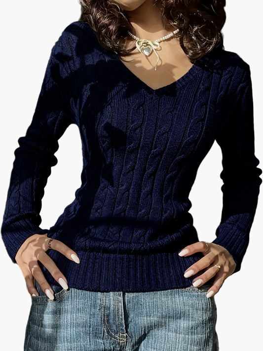 Damen Pullover im Zopfmuster mit V-Ausschnitt – Modischer Freizeit Strickpullover