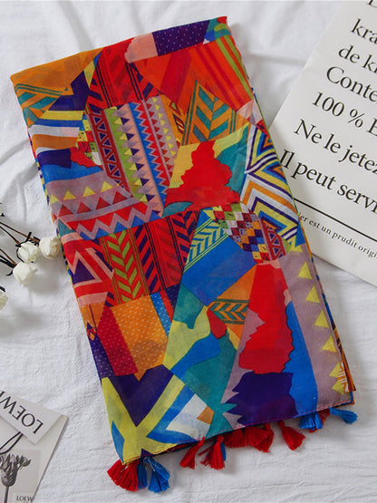 Damen Ethno Style Schal mit buntem geometrischem Muster und Quasten – Modisches Accessoire für Frühling, Sommer & Herbst