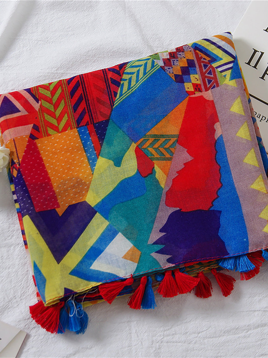 Damen Ethno Style Schal mit buntem geometrischem Muster und Quasten – Modisches Accessoire für Frühling, Sommer & Herbst